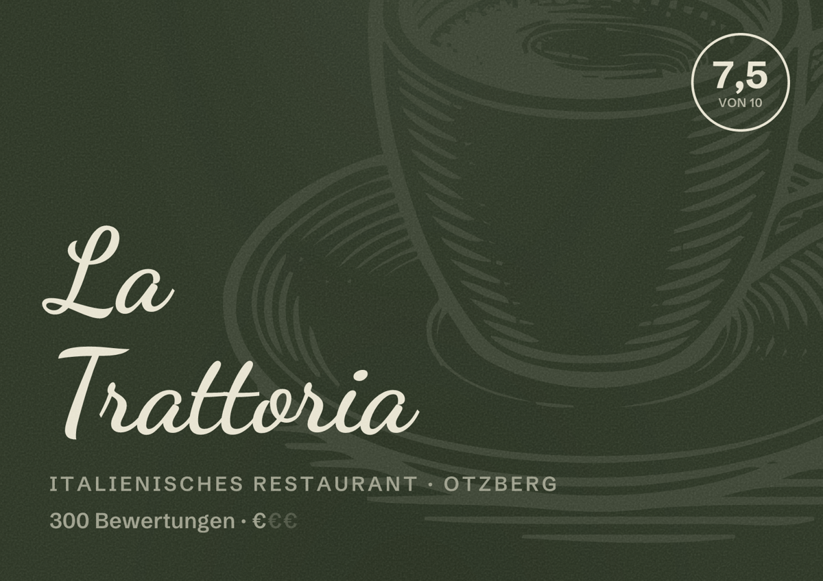 Illustriertes Poster von La Trattoria, Italienisches Restaurant in Otzberg: Bewertung 7,5 von 10 aus 300 Bewertungen, Preisniveau €