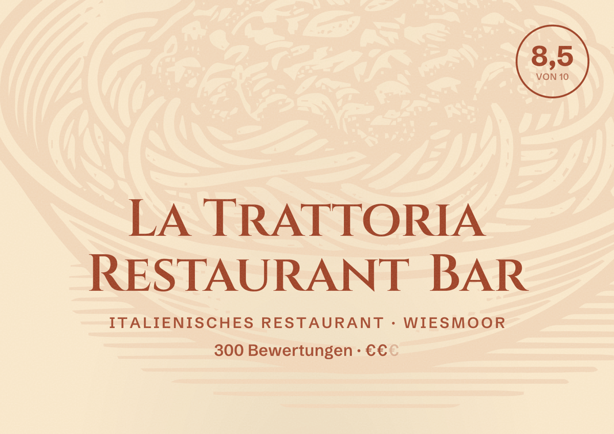 Illustriertes Poster von La Trattoria Restaurant Bar, Italienisches Restaurant in Wiesmoor: Bewertung 8,5 von 10 aus 300 Bewertungen, Preisniveau €€