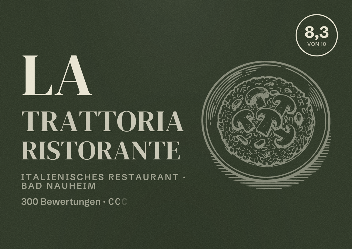 Illustriertes Poster von La Trattoria Ristorante, Italienisches Restaurant in Bad Nauheim: Bewertung 8,3 von 10 aus 300 Bewertungen, Preisniveau €€