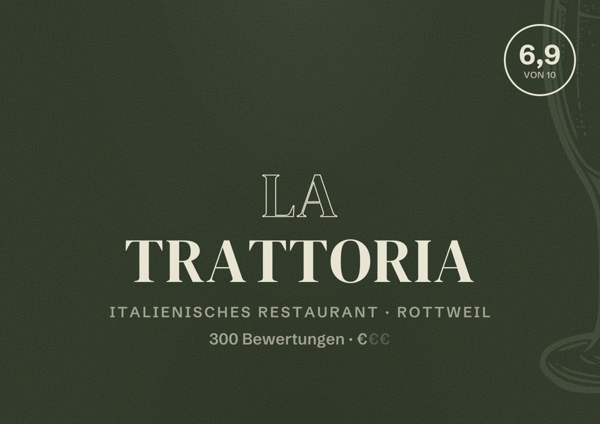 Illustriertes Poster von La Trattoria, Italienisches Restaurant in Rottweil: Bewertung 6,9 von 10 aus 300 Bewertungen, Preisniveau €