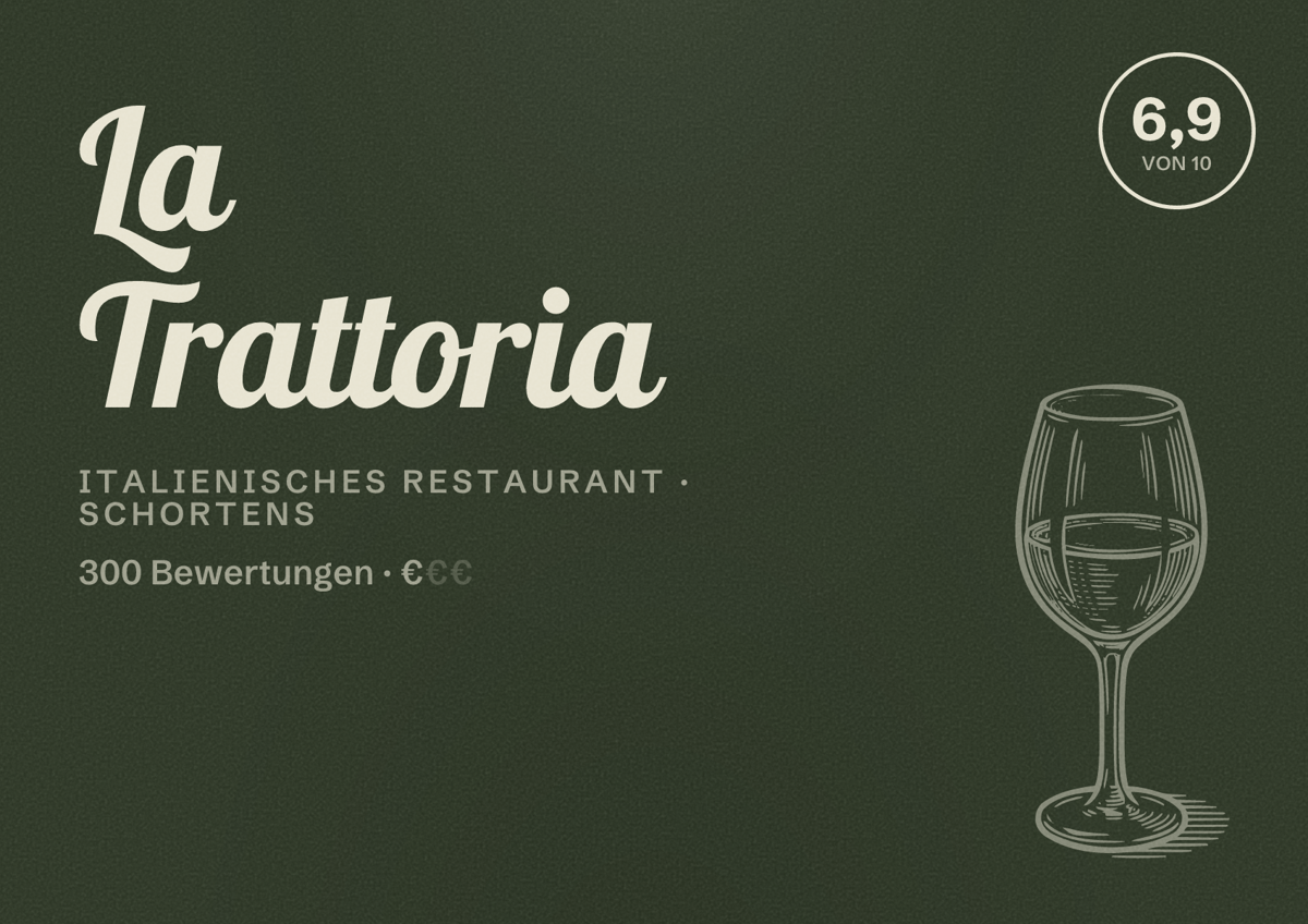 Illustriertes Poster von La Trattoria, Italienisches Restaurant in Schortens: Bewertung 6,9 von 10 aus 300 Bewertungen, Preisniveau €