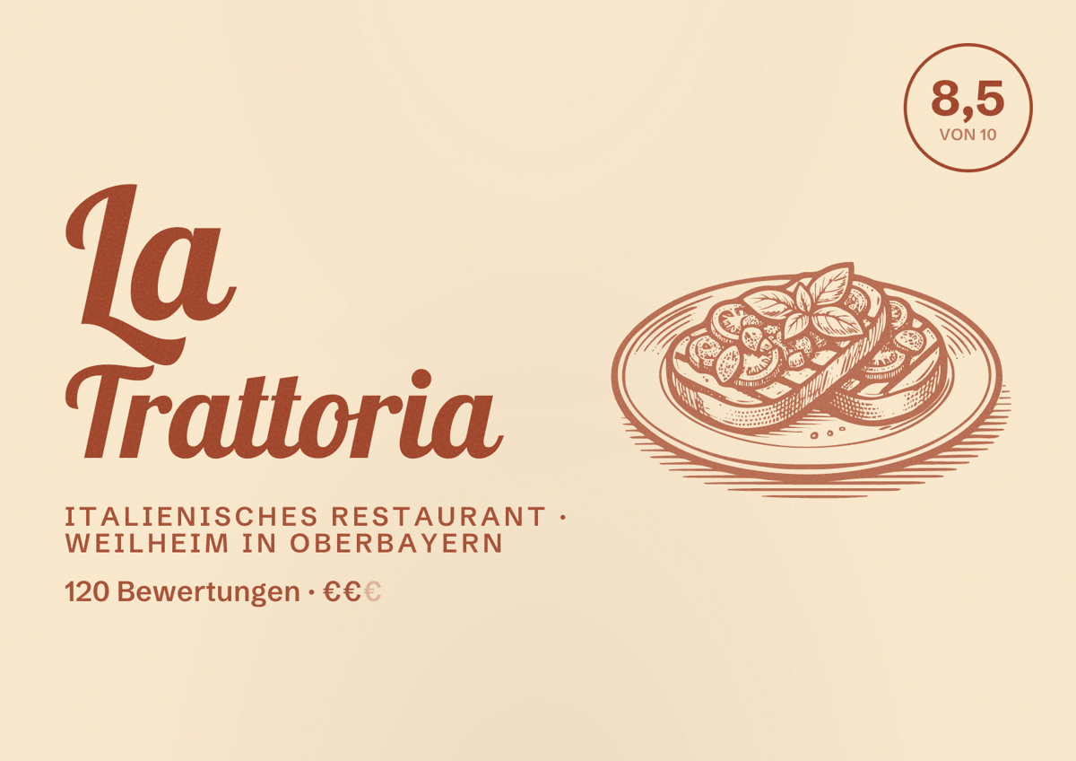 Illustriertes Poster von La Trattoria, Italienisches Restaurant in Weilheim in Oberbayern: Bewertung 8,5 von 10 aus 120 Bewertungen, Preisniveau €€