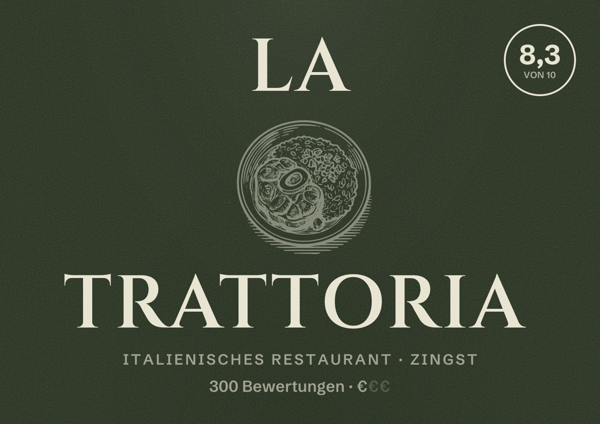 Illustriertes Poster von La Trattoria, Italienisches Restaurant in Zingst: Bewertung 8,3 von 10 aus 300 Bewertungen, Preisniveau €