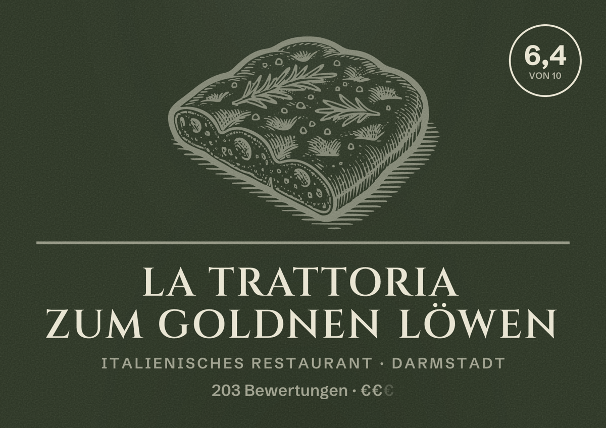 Illustriertes Poster von La Trattoria Zum Goldnen Löwen, Italienisches Restaurant in Darmstadt: Bewertung 6,4 von 10 aus 203 Bewertungen, Preisniveau €€
