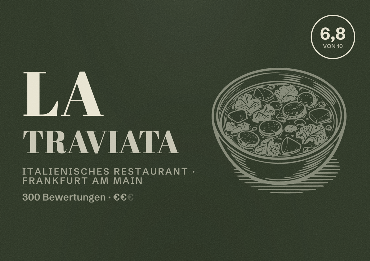 Illustriertes Poster von La Traviata, Italienisches Restaurant in Frankfurt am Main: Bewertung 6,8 von 10 aus 300 Bewertungen, Preisniveau €€