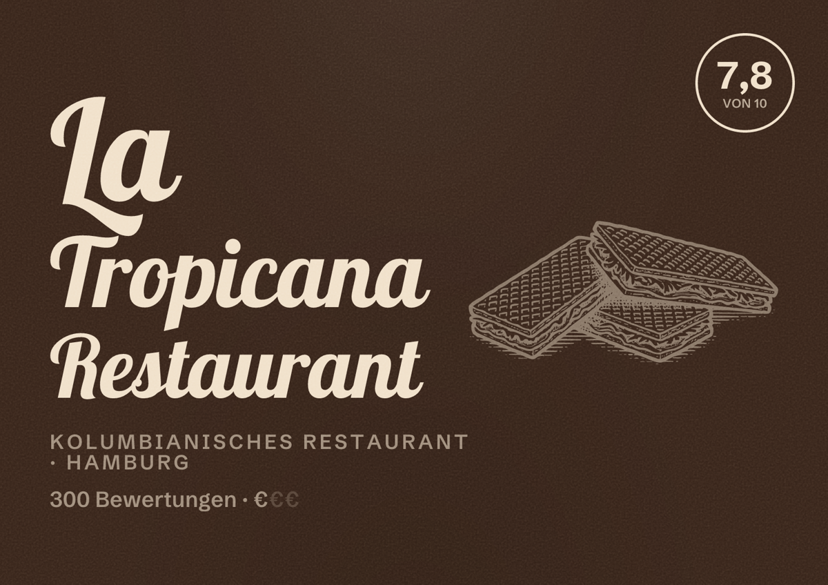 Illustriertes Poster von La Tropicana Restaurant, Kolumbianisches Restaurant in Hamburg: Bewertung 7,8 von 10 aus 300 Bewertungen, Preisniveau €