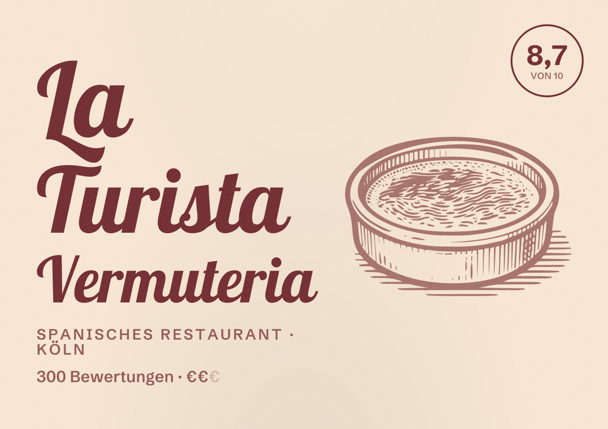 Illustriertes Poster von La Turista Vermuteria, Spanisches Restaurant in Köln: Bewertung 8,7 von 10 aus 300 Bewertungen, Preisniveau €€