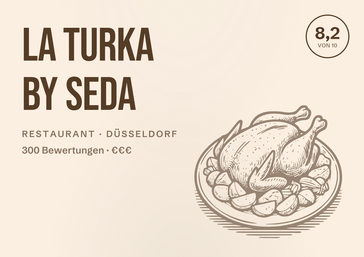 Illustriertes Poster von La Turka by Seda, Restaurant in Düsseldorf: Bewertung 8,2 von 10 aus 300 Bewertungen, Preisniveau €€€