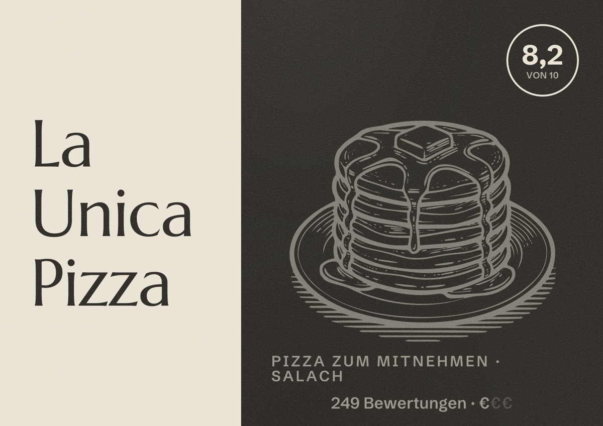 Illustriertes Poster von La Unica Pizza, Pizza zum Mitnehmen in Salach: Bewertung 8,2 von 10 aus 249 Bewertungen, Preisniveau €