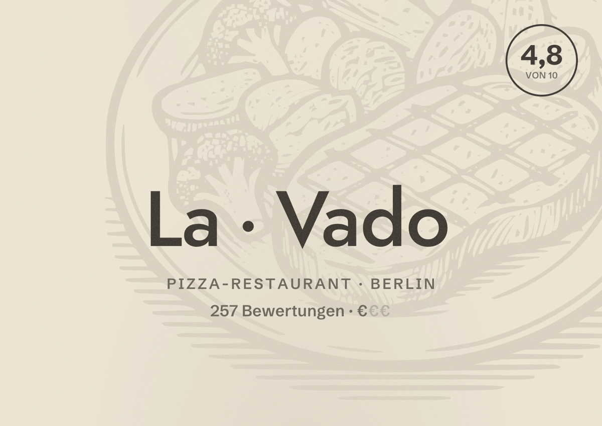 Illustriertes Poster von La Vado, Pizza-Restaurant in Berlin: Bewertung 4,8 von 10 aus 257 Bewertungen, Preisniveau €