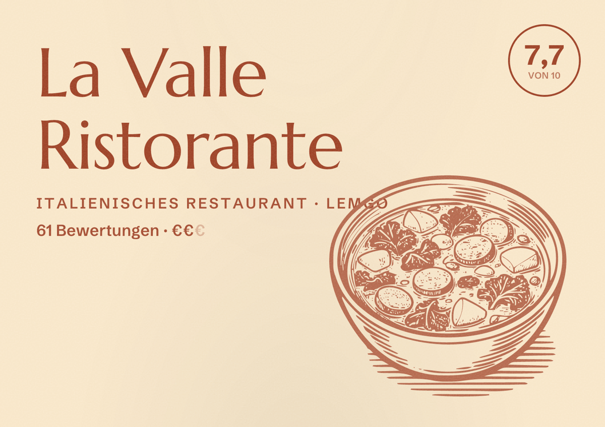 Illustriertes Poster von La Valle Ristorante, Italienisches Restaurant in Lemgo: Bewertung 7,7 von 10 aus 61 Bewertungen, Preisniveau €€