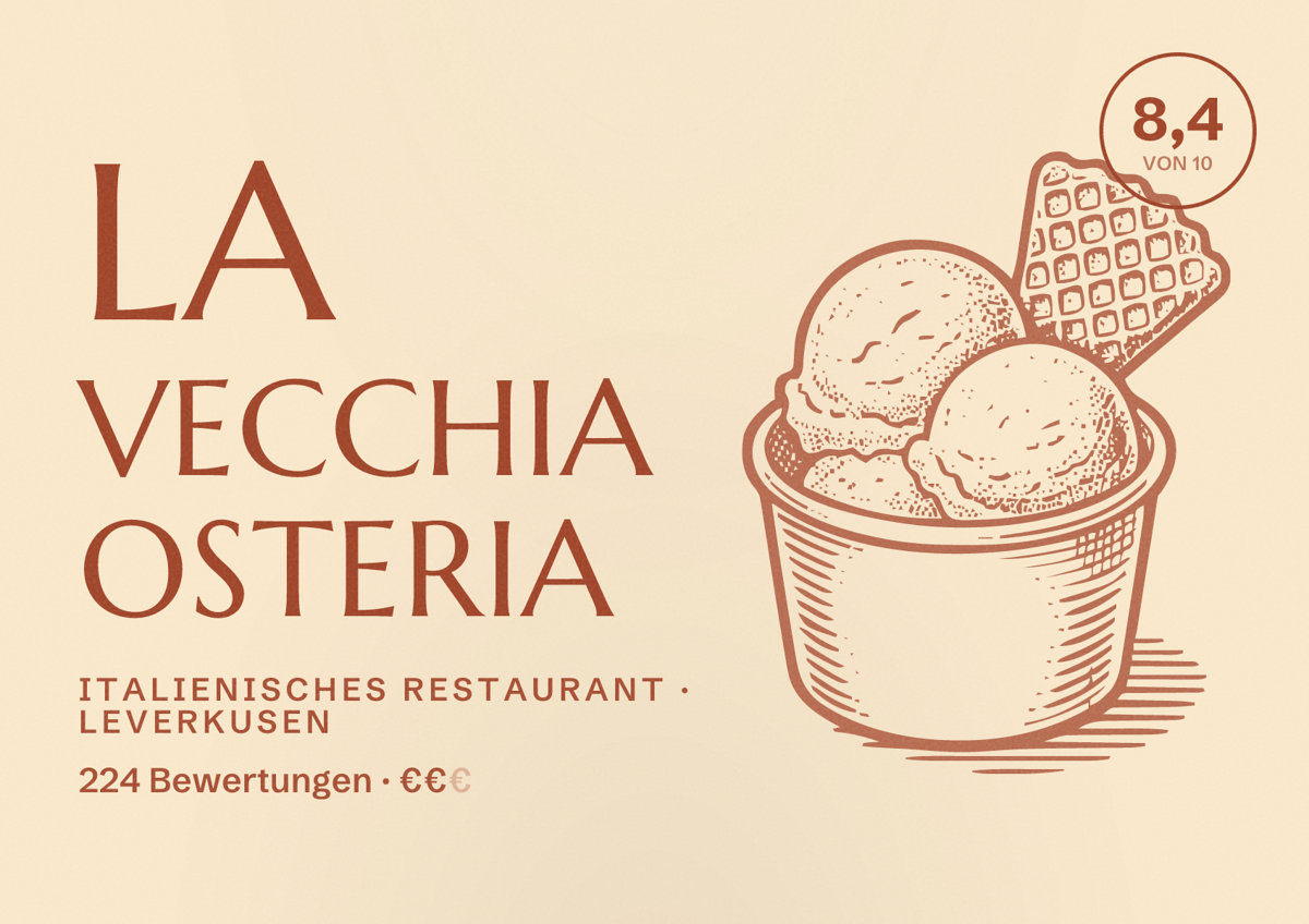 Illustriertes Poster von La Vecchia Osteria, Italienisches Restaurant in Leverkusen: Bewertung 8,4 von 10 aus 224 Bewertungen, Preisniveau €€