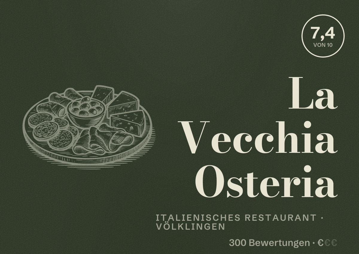 Illustriertes Poster von La Vecchia Osteria, Italienisches Restaurant in Völklingen: Bewertung 7,4 von 10 aus 300 Bewertungen, Preisniveau €