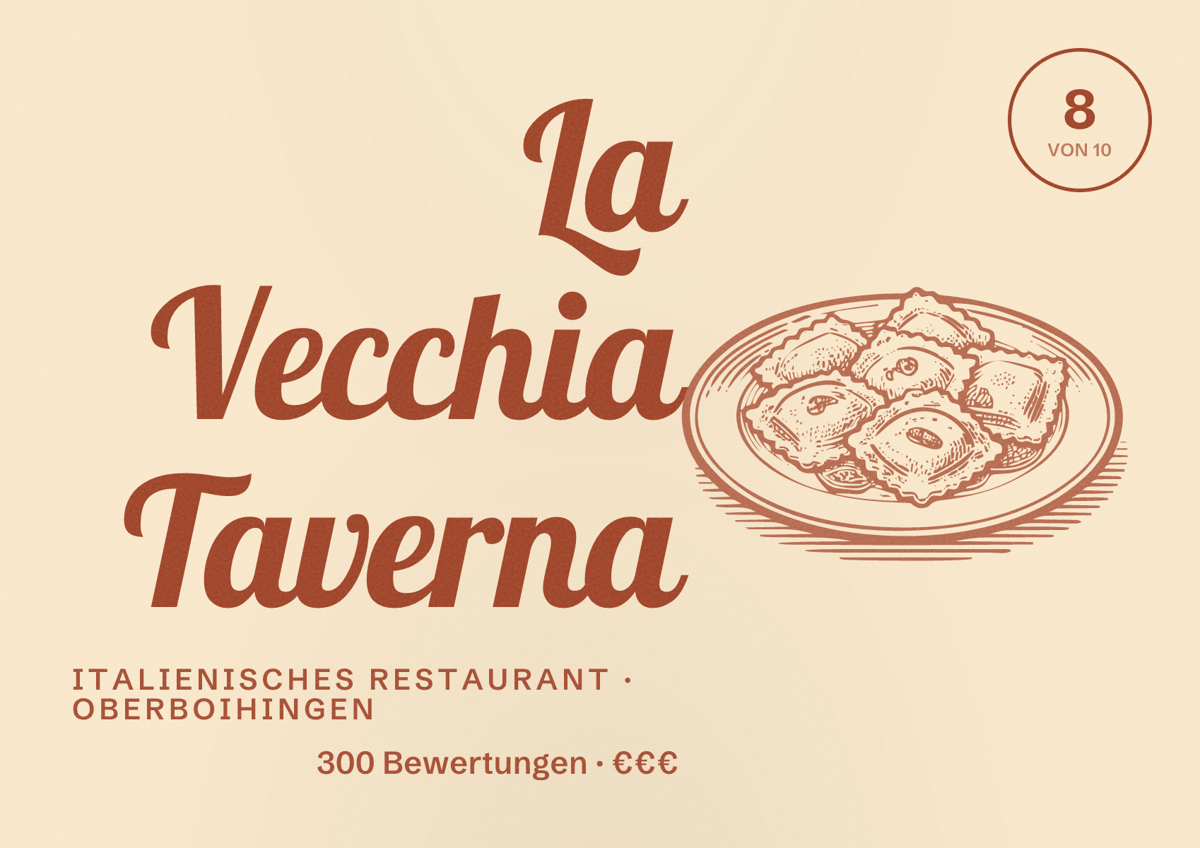 Illustriertes Poster von La Vecchia Taverna, Italienisches Restaurant in Oberboihingen: Bewertung 8 von 10 aus 300 Bewertungen, Preisniveau €€€