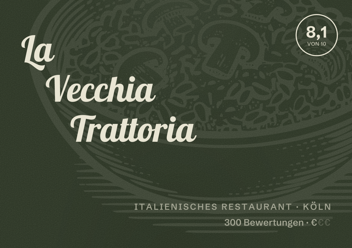Illustriertes Poster von La Vecchia Trattoria, Italienisches Restaurant in Köln: Bewertung 8,1 von 10 aus 300 Bewertungen, Preisniveau €