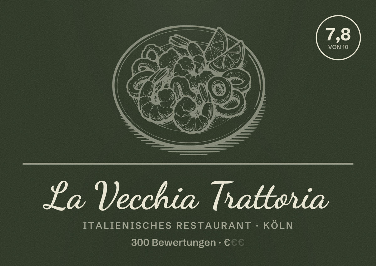 Illustriertes Poster von La Vecchia Trattoria, Italienisches Restaurant in Köln: Bewertung 7,8 von 10 aus 300 Bewertungen, Preisniveau €