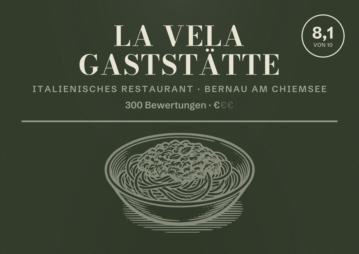 Illustriertes Poster von La Vela Gaststätte, Italienisches Restaurant in Bernau am Chiemsee: Bewertung 8,1 von 10 aus 300 Bewertungen, Preisniveau €