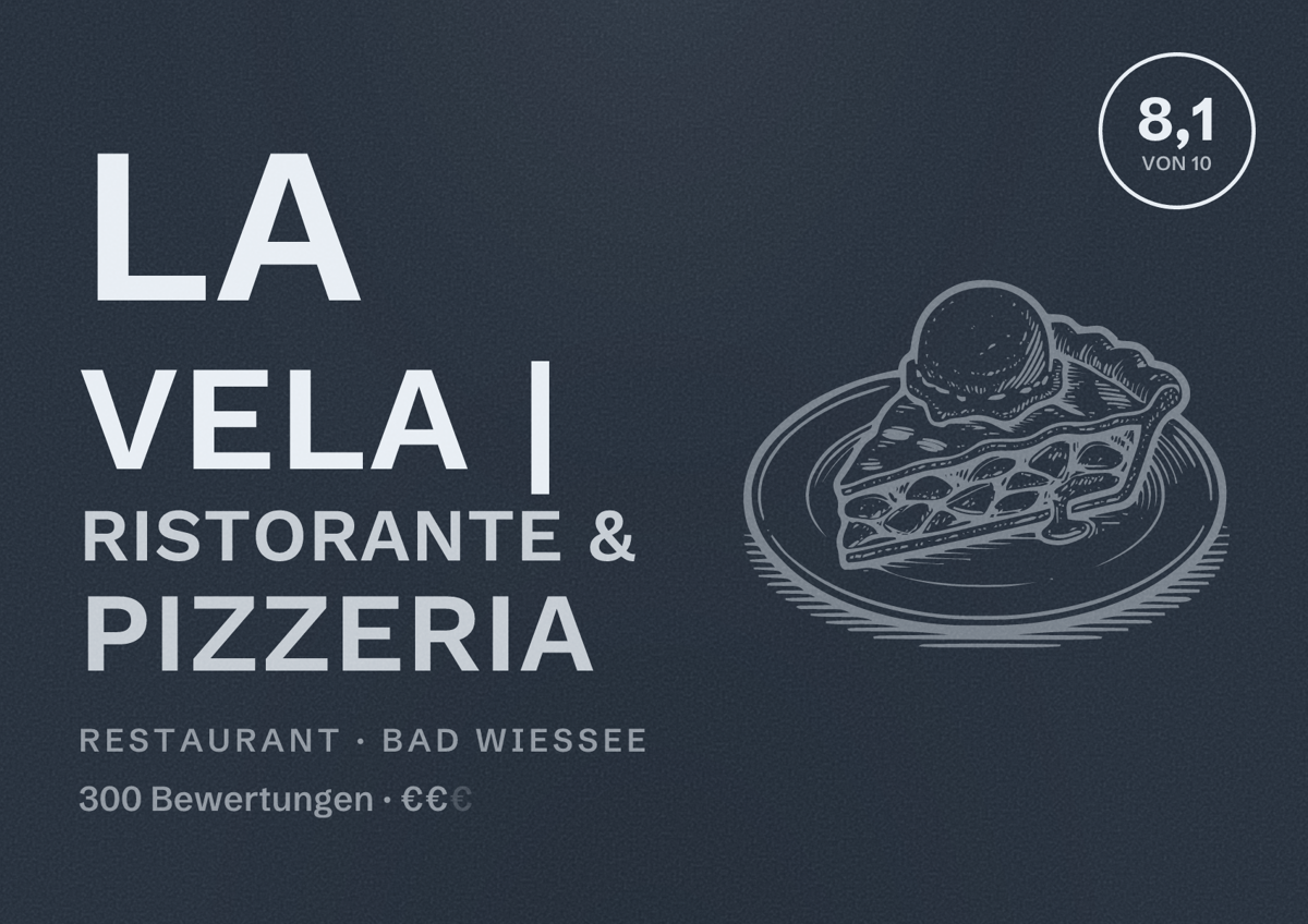 Illustriertes Poster von La Vela | Ristorante & Pizzeria, Restaurant in Bad Wiessee: Bewertung 8,1 von 10 aus 300 Bewertungen, Preisniveau €€