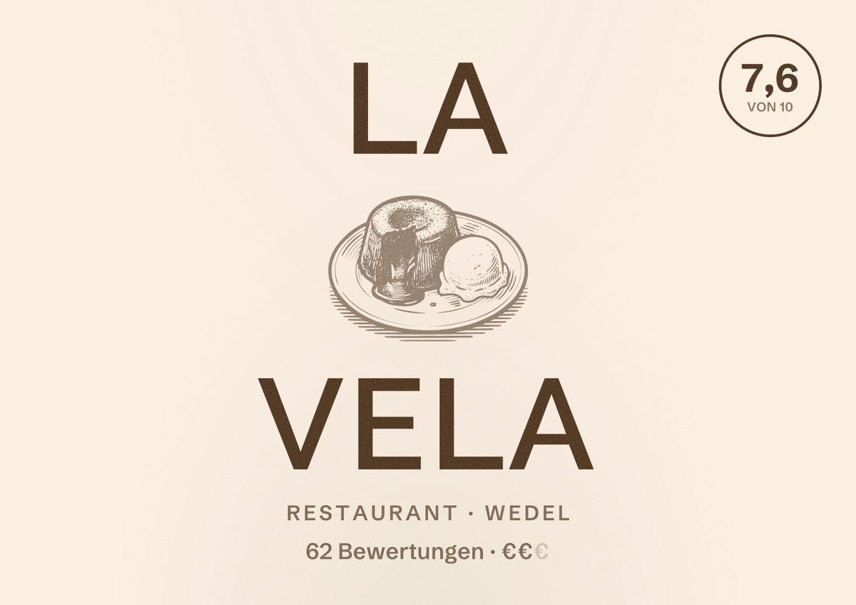 Illustriertes Poster von La Vela, Restaurant in Wedel: Bewertung 7,6 von 10 aus 62 Bewertungen, Preisniveau €€