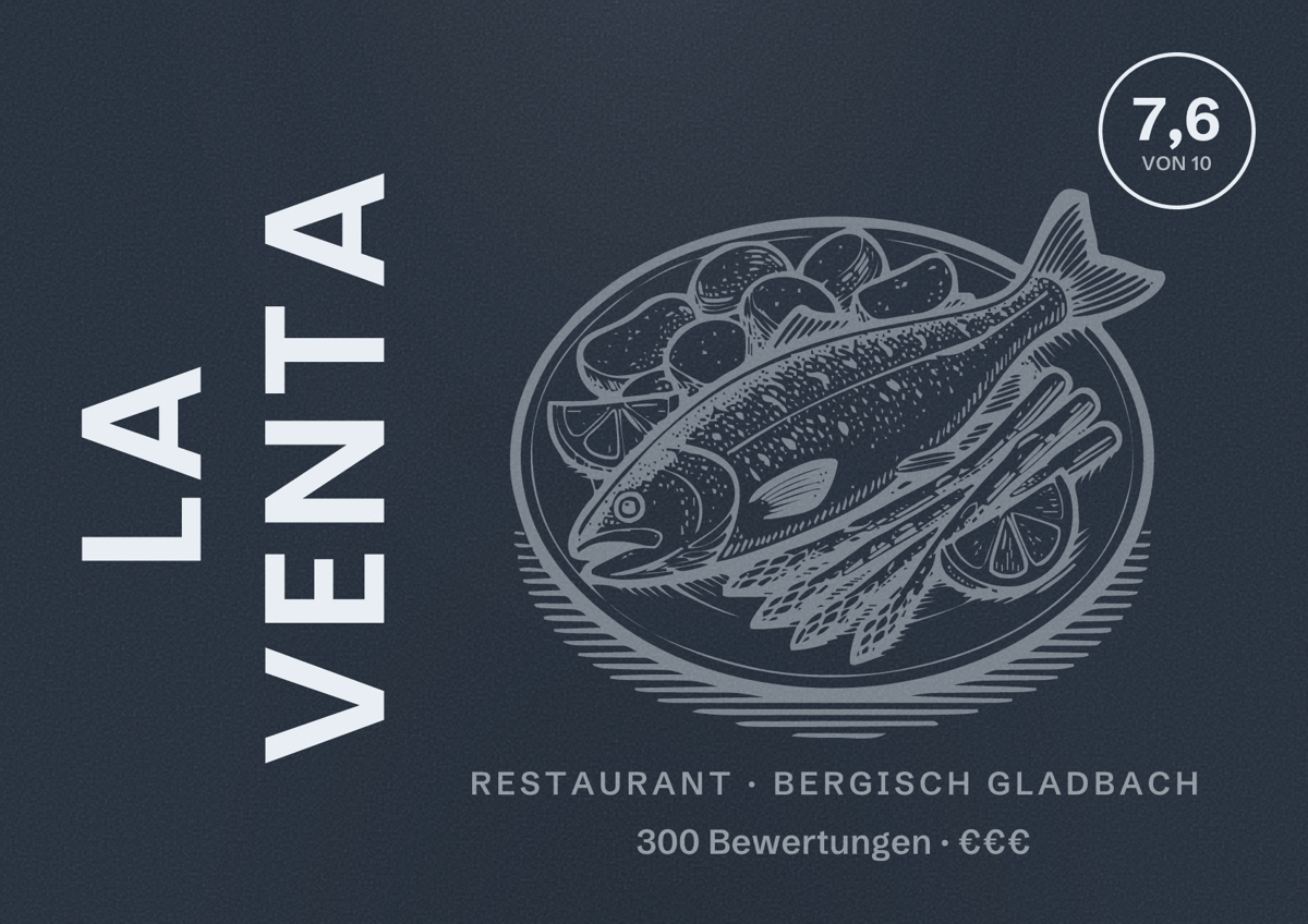 Illustriertes Poster von La Venta, Restaurant in Bergisch Gladbach: Bewertung 7,6 von 10 aus 300 Bewertungen, Preisniveau €€€