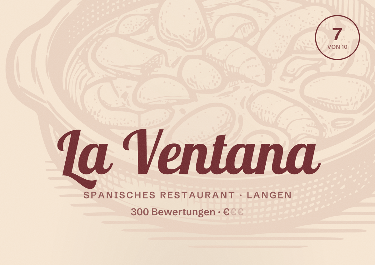Illustriertes Poster von La Ventana, Spanisches Restaurant in Langen: Bewertung 7 von 10 aus 300 Bewertungen, Preisniveau €