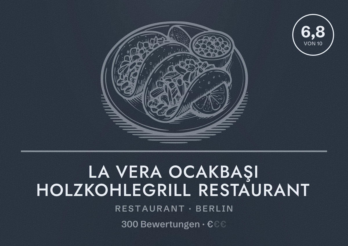 Illustriertes Poster von La Vera Ocakbaşi Holzkohlegrill Restaurant, Restaurant in Berlin: Bewertung 6,8 von 10 aus 300 Bewertungen, Preisniveau €