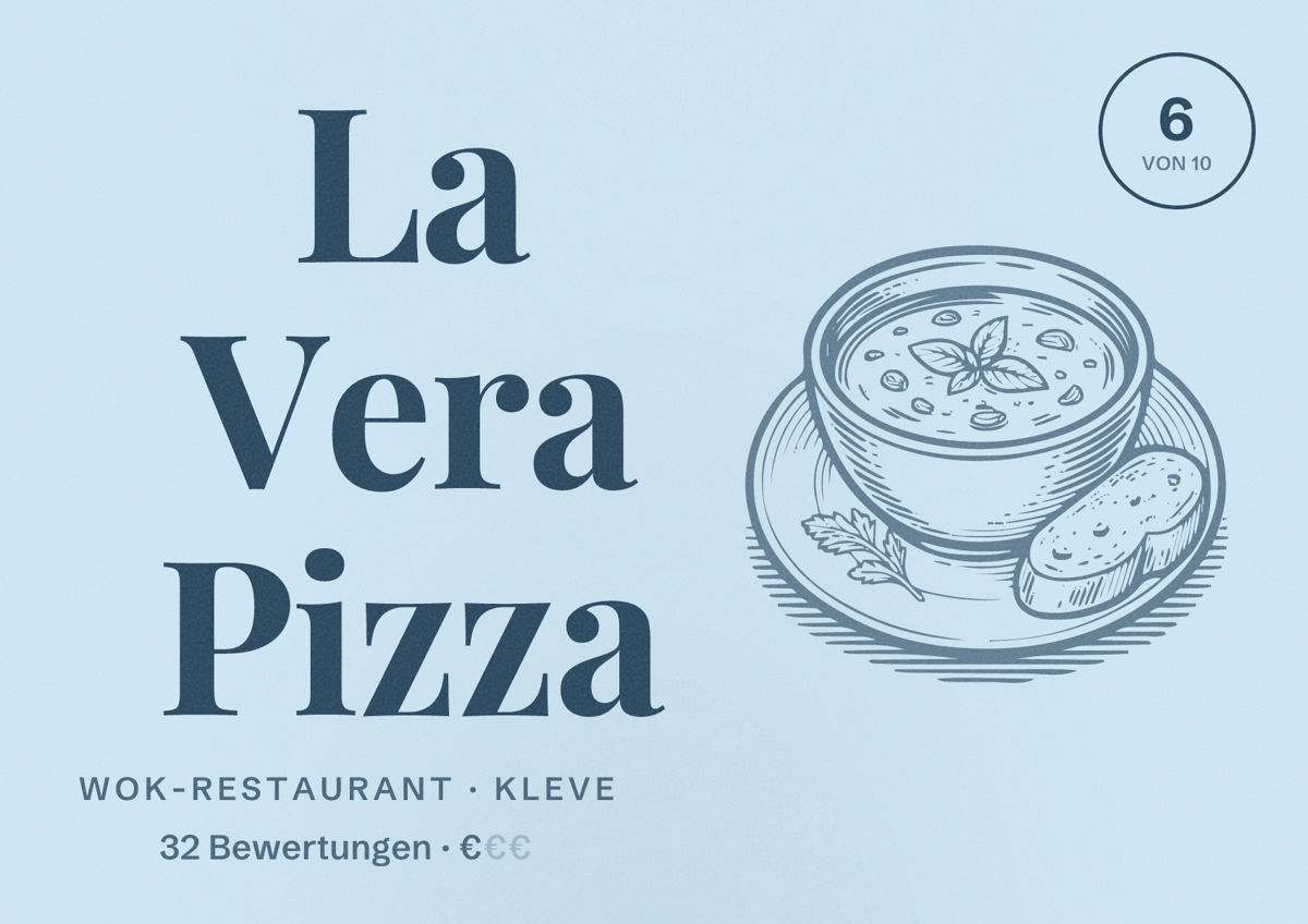 Illustriertes Poster von La Vera Pizza, Wok-Restaurant in Kleve: Bewertung 6 von 10 aus 32 Bewertungen, Preisniveau €