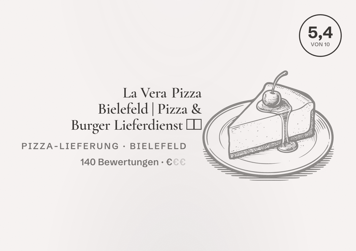 Illustriertes Poster von La Vera Pizza Bielefeld | Pizza & Burger Lieferdienst 🍕🍔, Pizza-Lieferung in Bielefeld: Bewertung 5,4 von 10 aus 140 Bewertungen, Preisniveau €