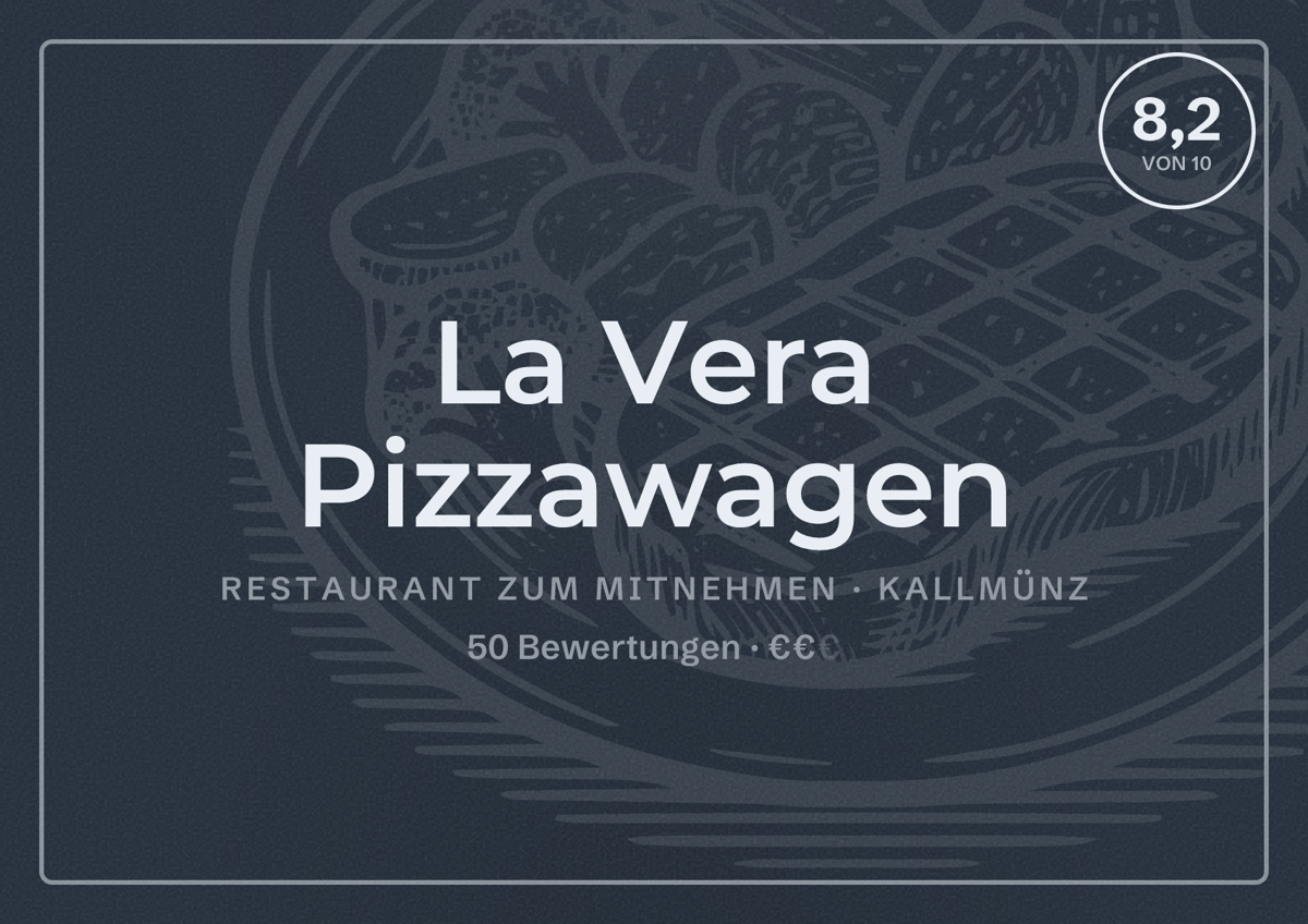 Illustriertes Poster von La Vera Pizzawagen, Restaurant zum Mitnehmen in Kallmünz: Bewertung 8,2 von 10 aus 50 Bewertungen, Preisniveau €€
