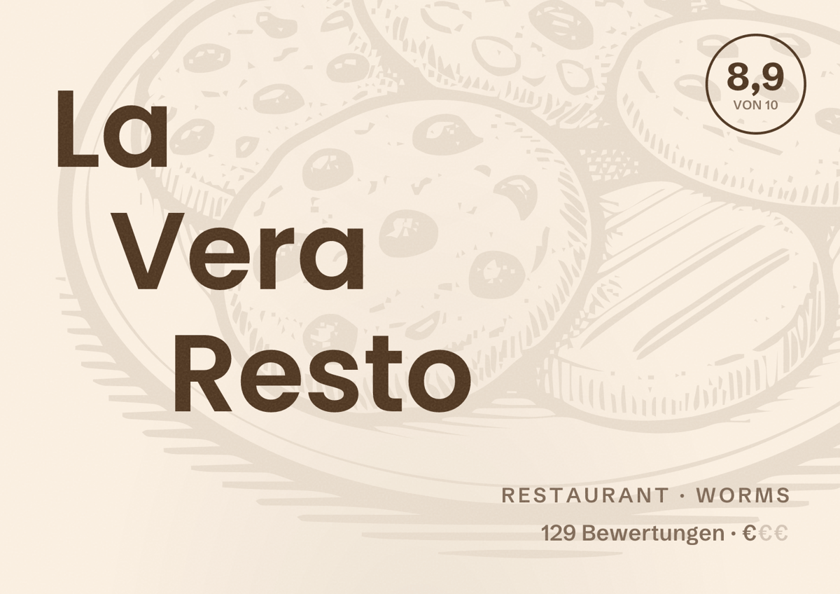 Illustriertes Poster von La Vera Resto, Restaurant in Worms: Bewertung 8,9 von 10 aus 129 Bewertungen, Preisniveau €
