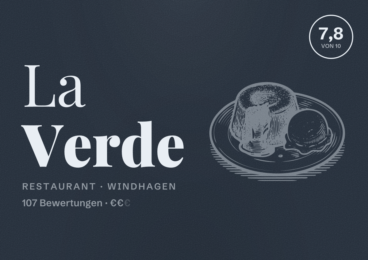 Illustriertes Poster von La Verde, Restaurant in Windhagen: Bewertung 7,8 von 10 aus 107 Bewertungen, Preisniveau €€