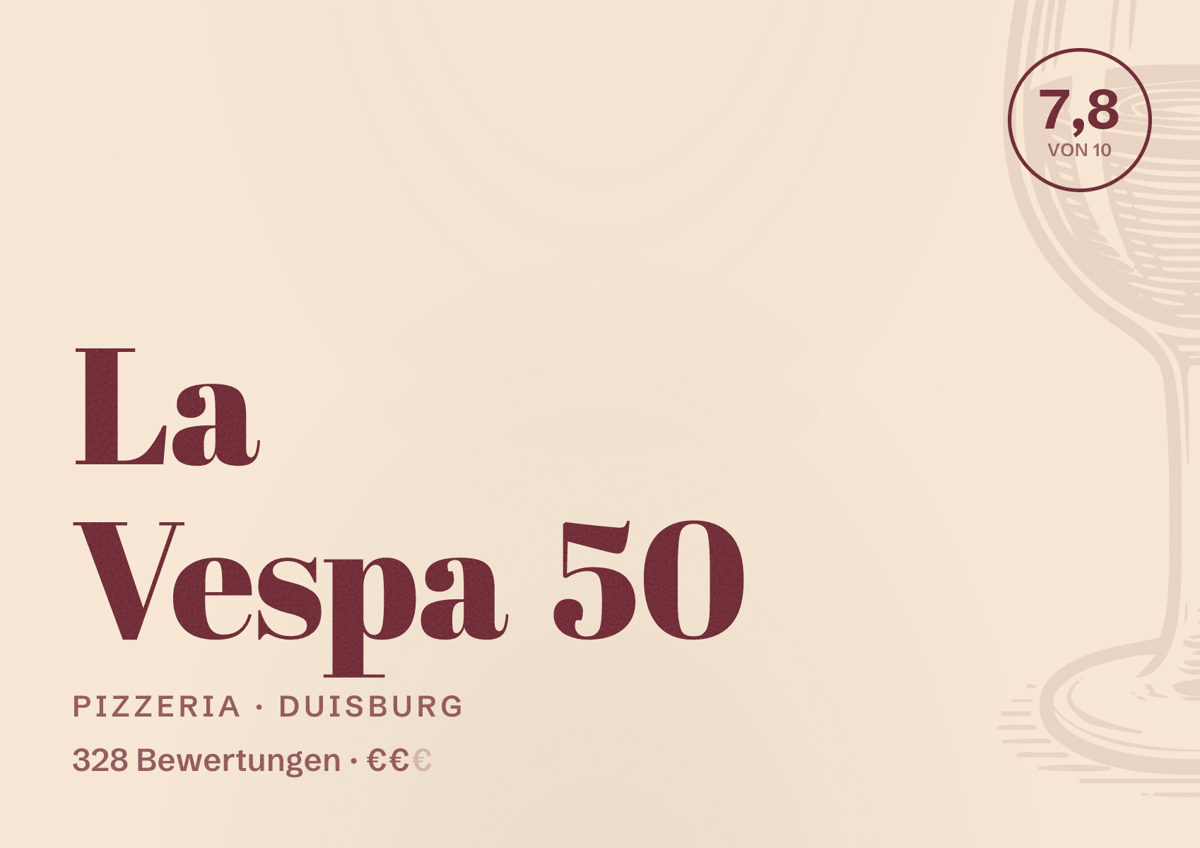 Illustriertes Poster von La Vespa 50, Pizzeria in Duisburg: Bewertung 7,8 von 10 aus 328 Bewertungen, Preisniveau €€