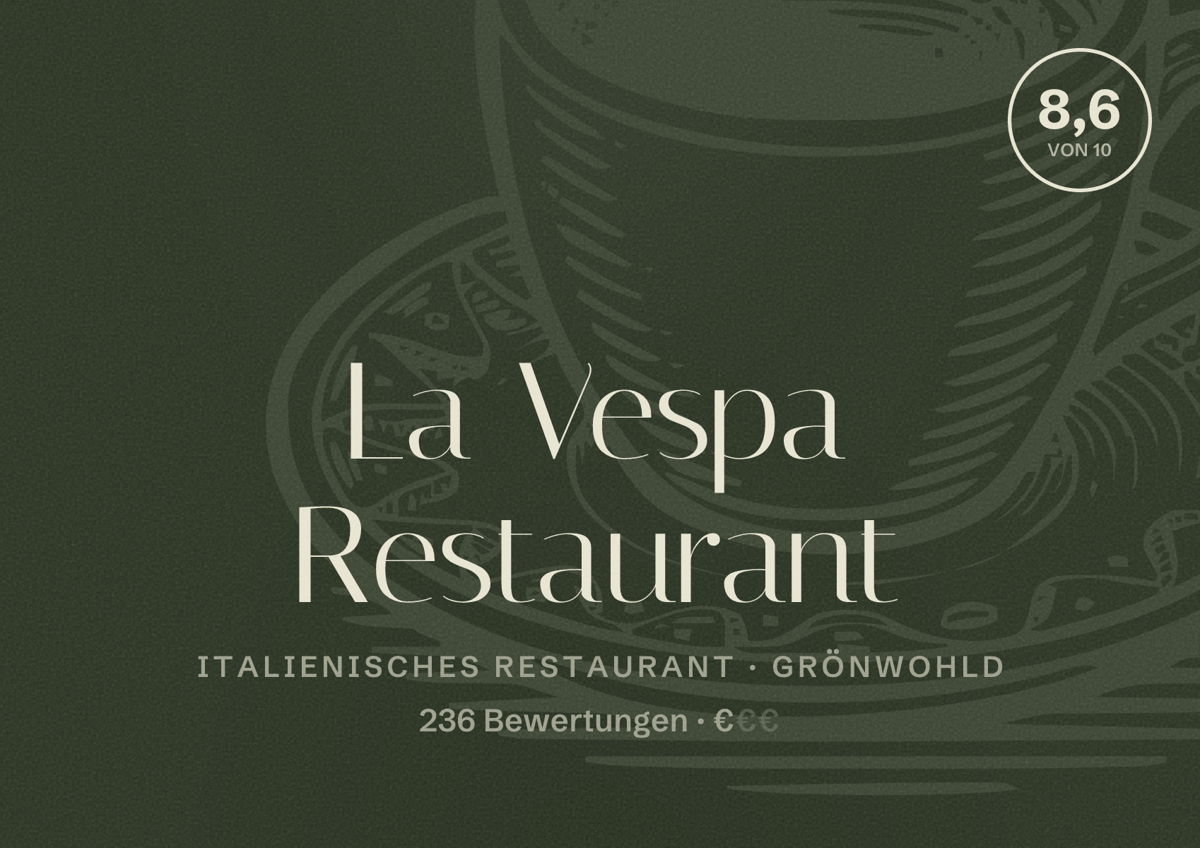 Illustriertes Poster von La Vespa Restaurant, Italienisches Restaurant in Grönwohld: Bewertung 8,6 von 10 aus 236 Bewertungen, Preisniveau €
