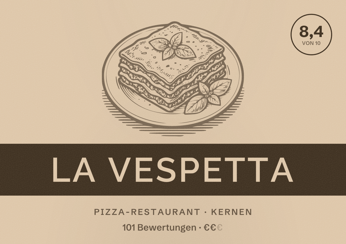 Illustriertes Poster von La Vespetta, Pizza-Restaurant in Kernen: Bewertung 8,4 von 10 aus 101 Bewertungen, Preisniveau €€