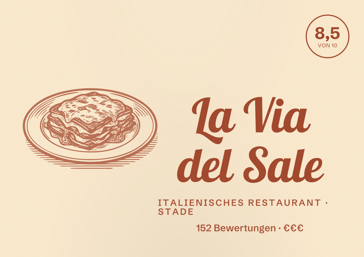 Illustriertes Poster von La Via del Sale, Italienisches Restaurant in Stade: Bewertung 8,5 von 10 aus 152 Bewertungen, Preisniveau €€€
