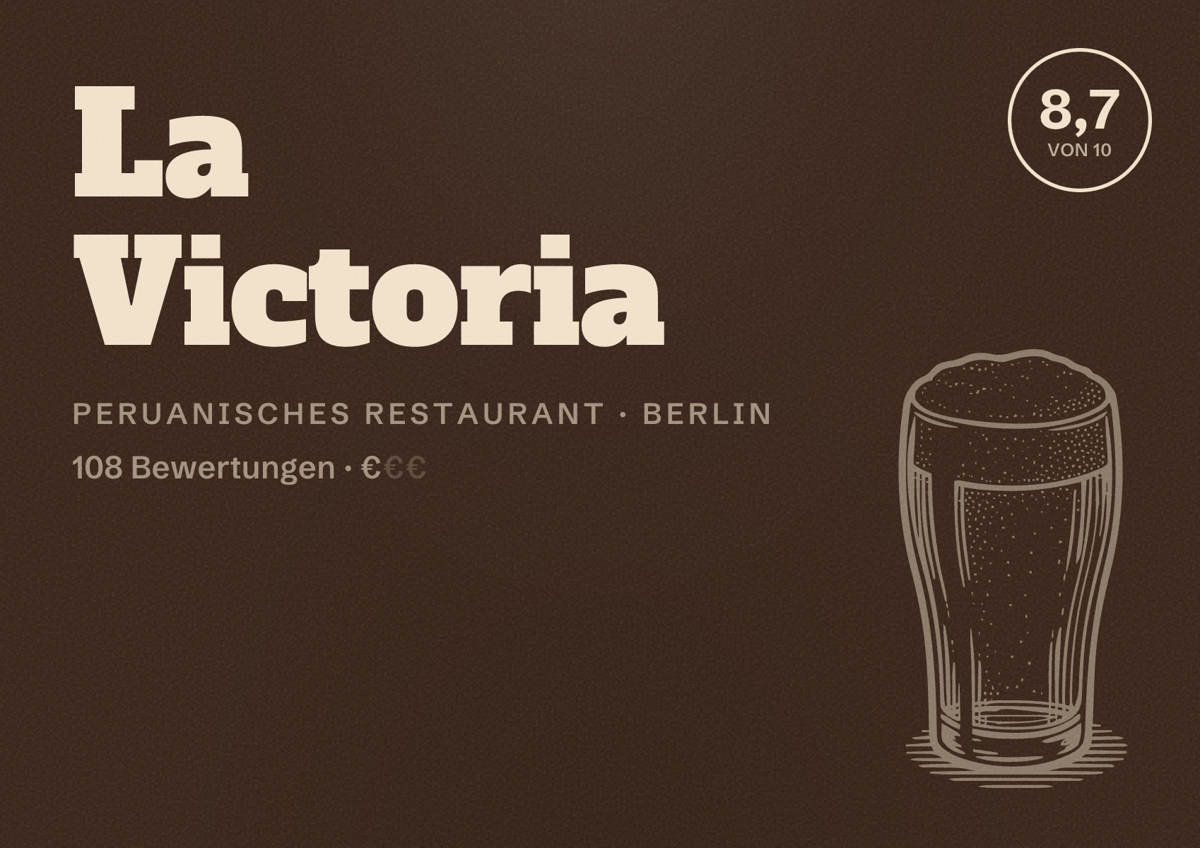 Illustriertes Poster von La Victoria, Peruanisches Restaurant in Berlin: Bewertung 8,7 von 10 aus 108 Bewertungen, Preisniveau €