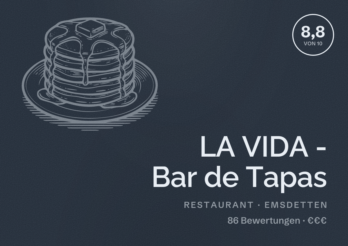 Illustriertes Poster von LA VIDA - Bar de Tapas, Restaurant in Emsdetten: Bewertung 8,8 von 10 aus 86 Bewertungen, Preisniveau €€€