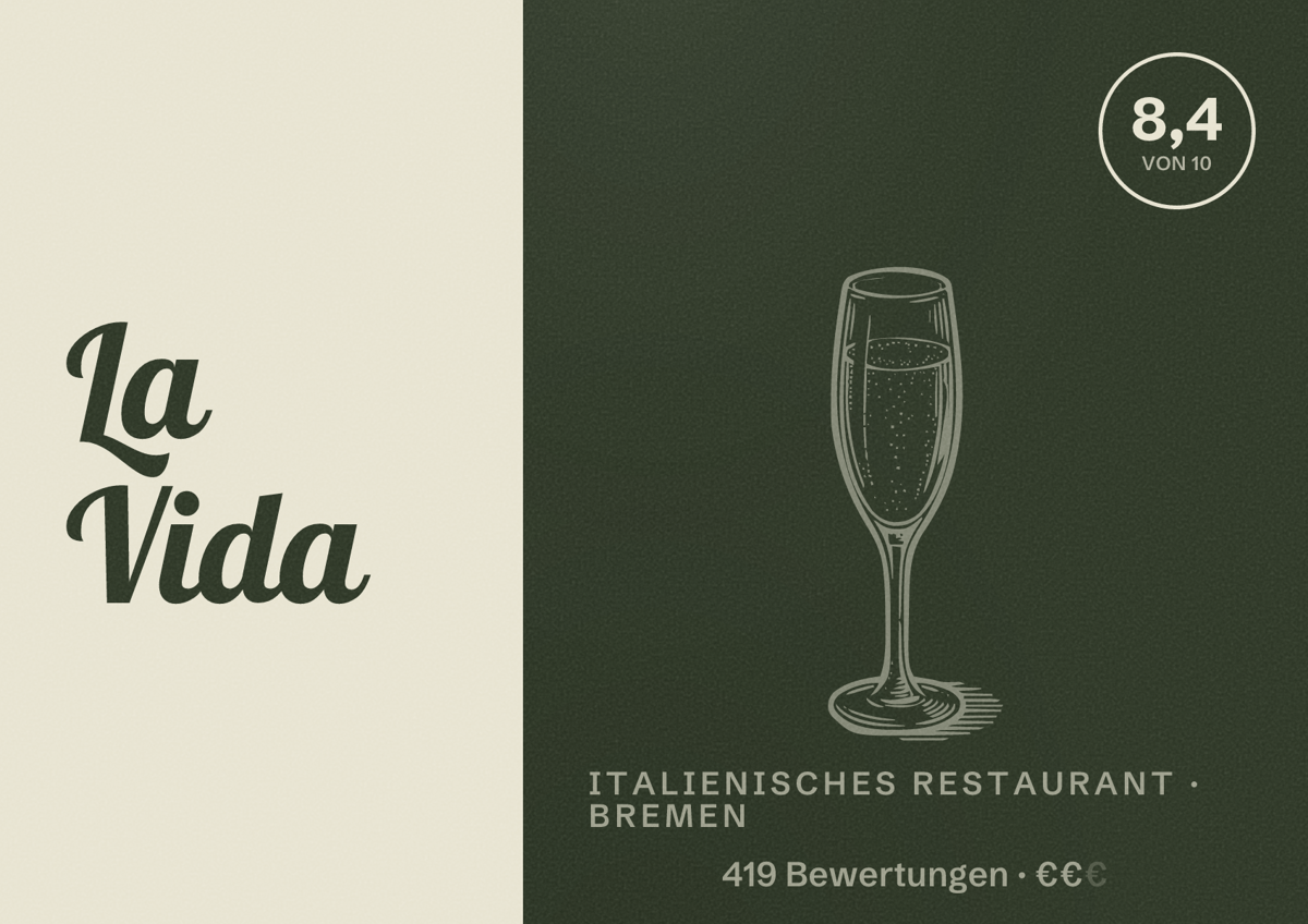 Illustriertes Poster von La Vida, Italienisches Restaurant in Bremen: Bewertung 8,4 von 10 aus 419 Bewertungen, Preisniveau €€