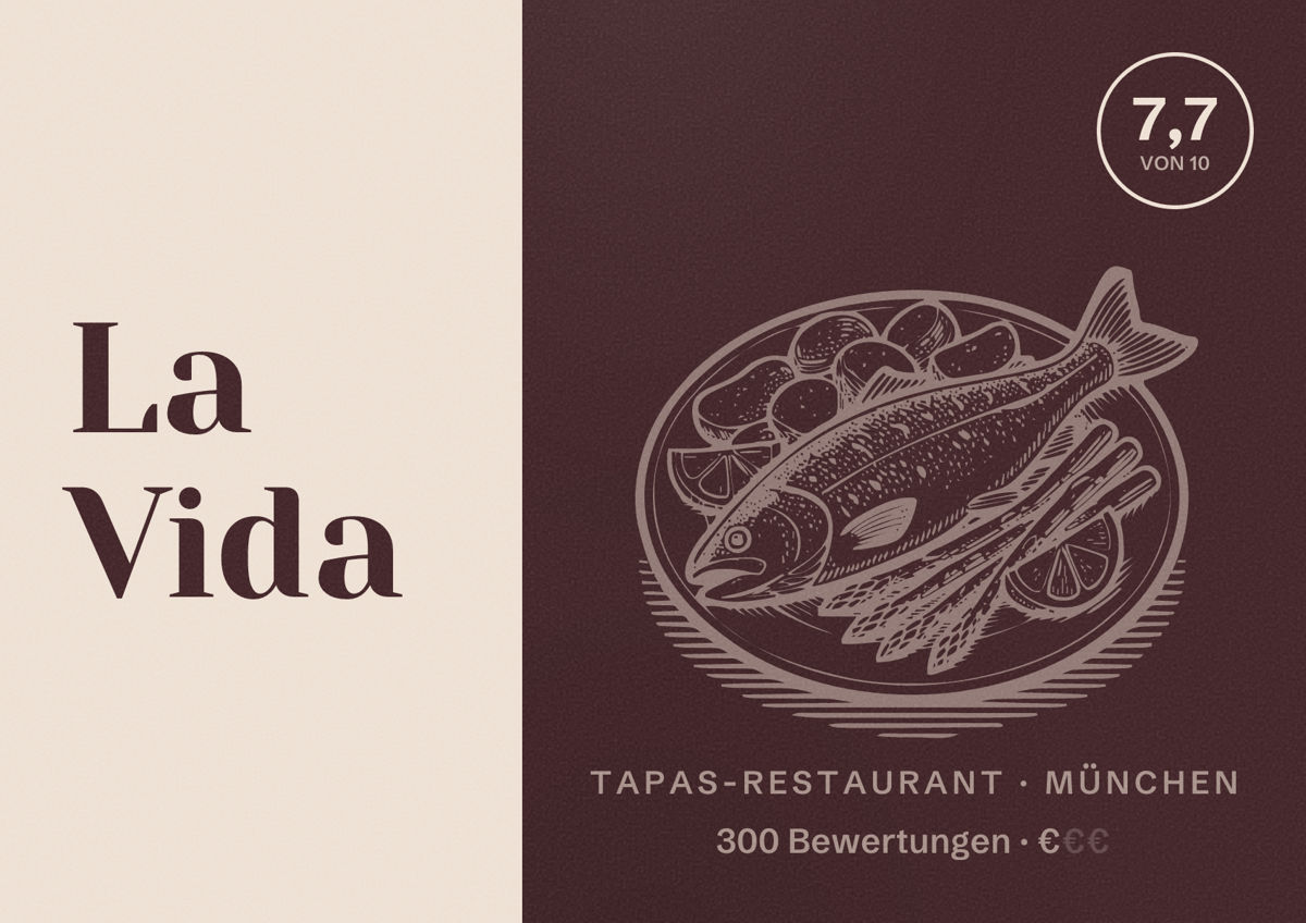 Illustriertes Poster von La Vida, Tapas-Restaurant in München: Bewertung 7,7 von 10 aus 300 Bewertungen, Preisniveau €