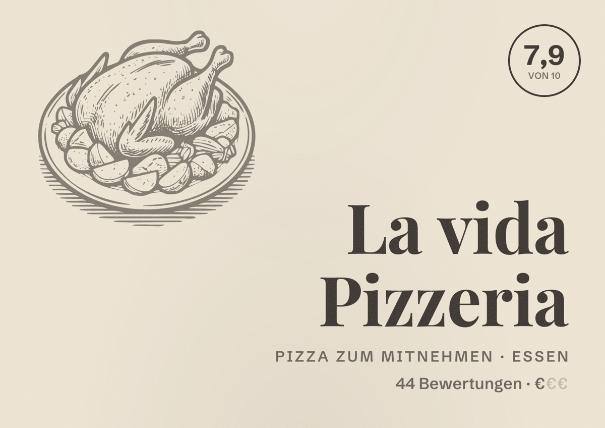 Illustriertes Poster von La vida Pizzeria, Pizza zum Mitnehmen in Essen: Bewertung 7,9 von 10 aus 44 Bewertungen, Preisniveau €