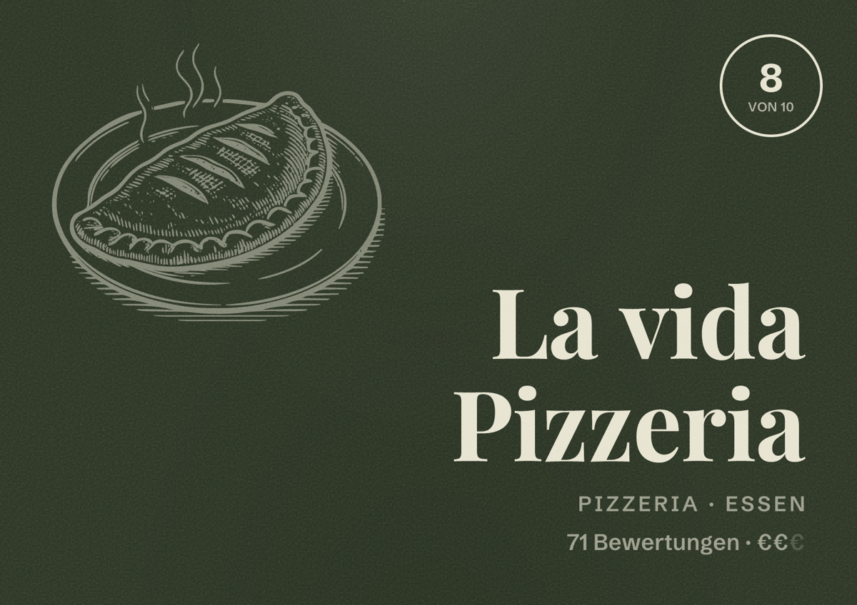 Illustriertes Poster von La vida Pizzeria, Pizzeria in Essen: Bewertung 8 von 10 aus 71 Bewertungen, Preisniveau €€
