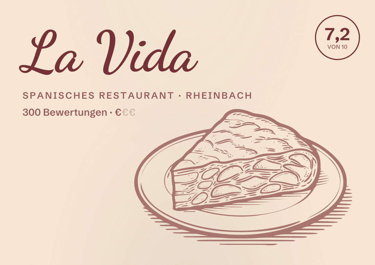 Illustriertes Poster von La Vida, Spanisches Restaurant in Rheinbach: Bewertung 7,2 von 10 aus 300 Bewertungen, Preisniveau €