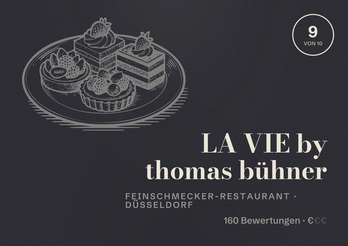 Illustriertes Poster von LA VIE by thomas bühner, Feinschmecker-Restaurant in Düsseldorf: Bewertung 9,0 von 10 aus 160 Bewertungen, Preisniveau €