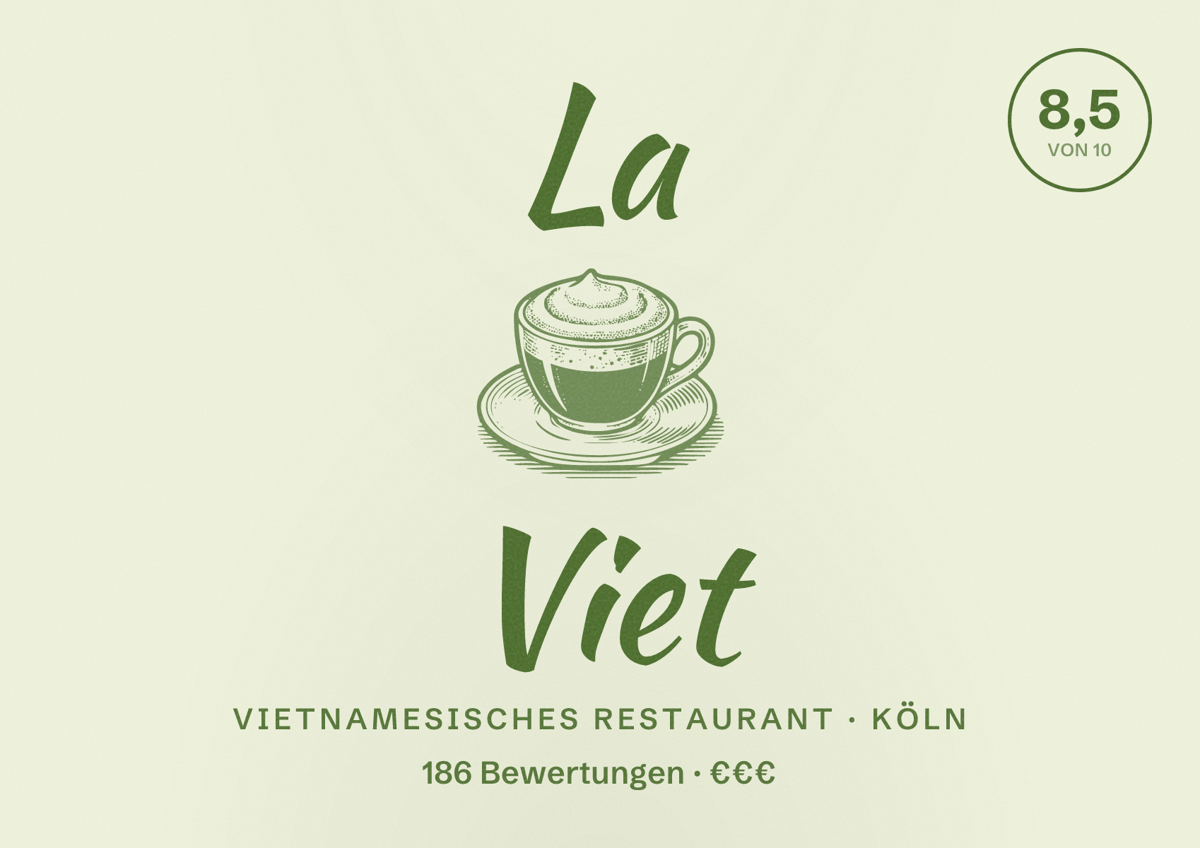 Illustriertes Poster von La Viet, Vietnamesisches Restaurant in Köln: Bewertung 8,5 von 10 aus 186 Bewertungen, Preisniveau €€€