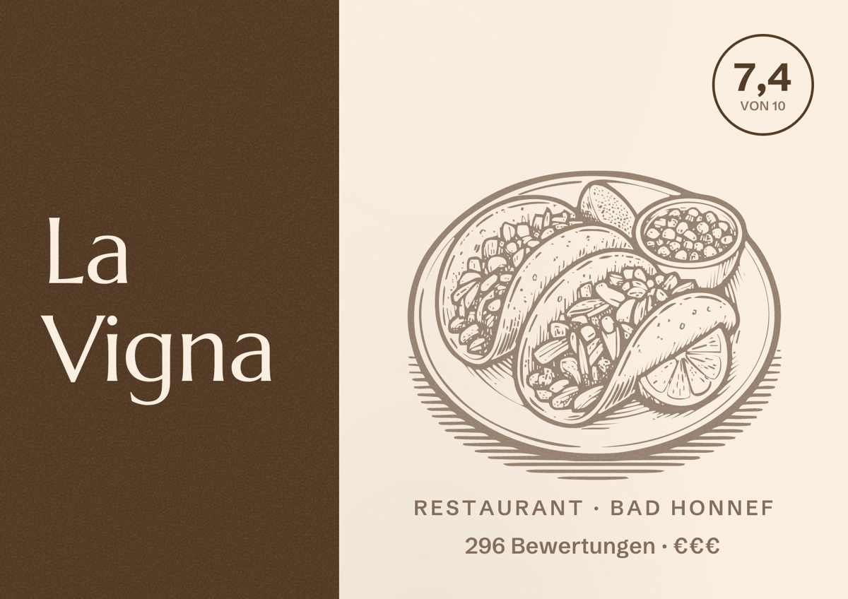 Illustriertes Poster von La Vigna, Restaurant in Bad Honnef: Bewertung 7,4 von 10 aus 296 Bewertungen, Preisniveau €€€