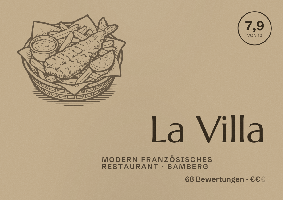 Illustriertes Poster von La Villa, Modern französisches Restaurant in Bamberg: Bewertung 7,9 von 10 aus 68 Bewertungen, Preisniveau €€