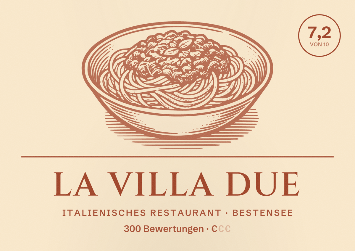 Illustriertes Poster von La Villa Due, Italienisches Restaurant in Bestensee: Bewertung 7,2 von 10 aus 300 Bewertungen, Preisniveau €