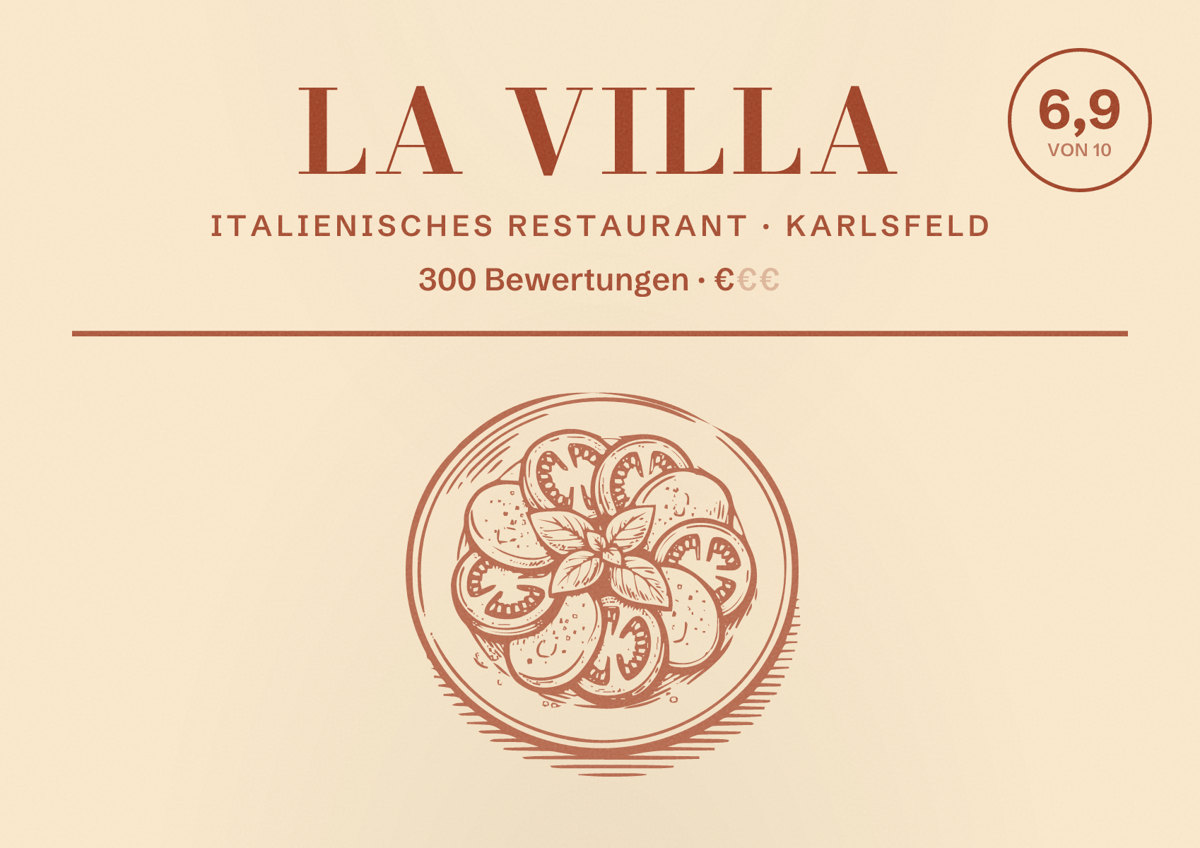 Illustriertes Poster von La Villa, Italienisches Restaurant in Karlsfeld: Bewertung 6,9 von 10 aus 300 Bewertungen, Preisniveau €