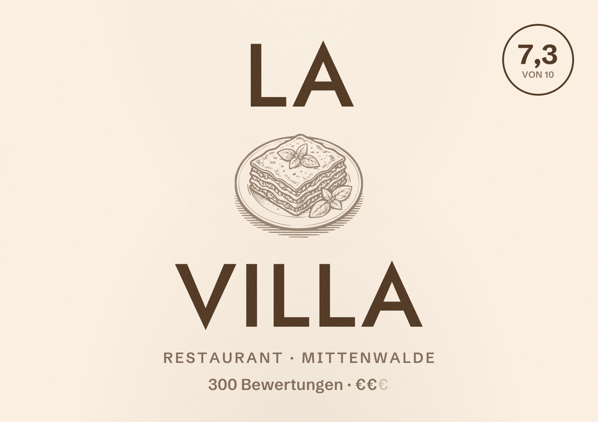 Illustriertes Poster von La Villa, Restaurant in Mittenwalde: Bewertung 7,3 von 10 aus 300 Bewertungen, Preisniveau €€