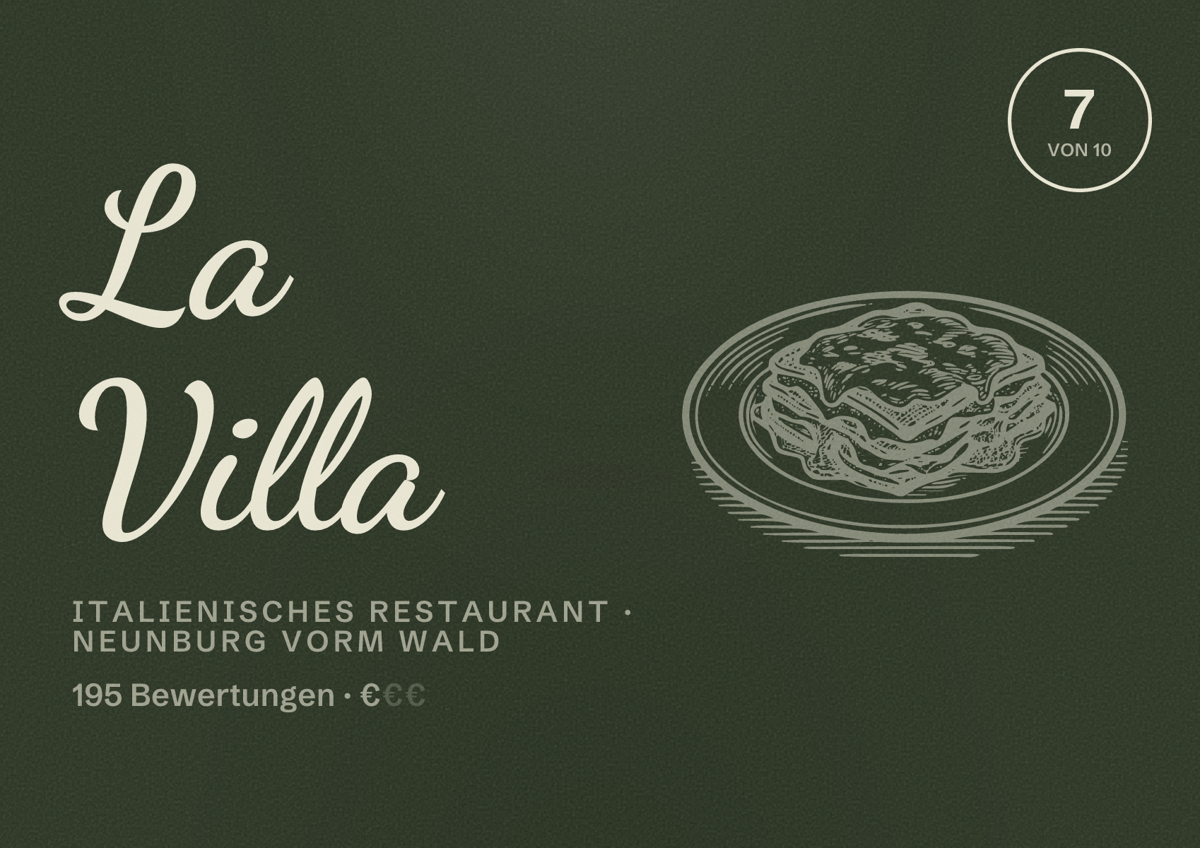 Illustriertes Poster von La Villa, Italienisches Restaurant in Neunburg vorm Wald: Bewertung 7 von 10 aus 195 Bewertungen, Preisniveau €
